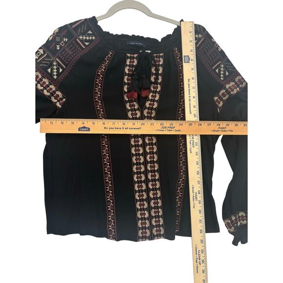 American Eagle Black Boho Embroidered Peasant Top Tassel Tie Neck Long Sleeve S - Picture 4 of 10
